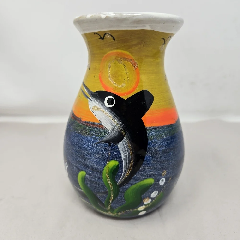 Sea life Ceramic Vase Fish Sea Weed Ocean Sunset Hand Painted Bird Bright Bold